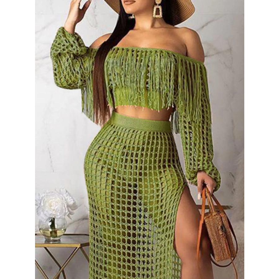 Full Size Crochet Off-Shoulder Fringe Top and Skirt Set Plus Size Apparel and Accessories