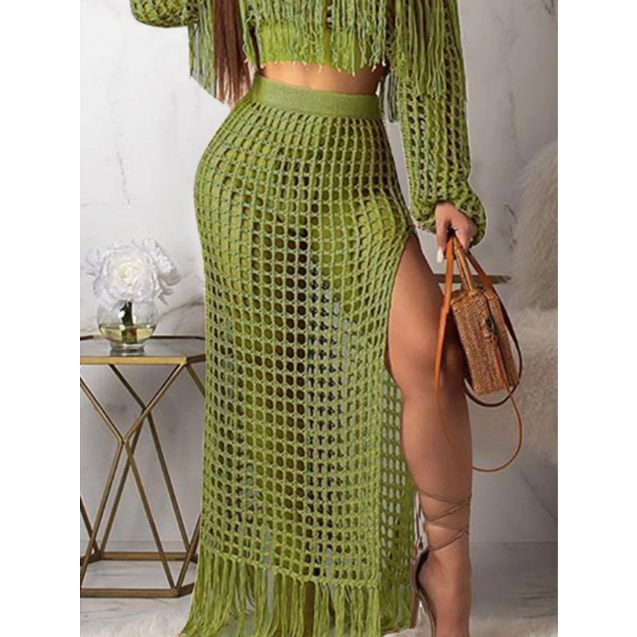 Full Size Crochet Off-Shoulder Fringe Top and Skirt Set Plus Size Apparel and Accessories
