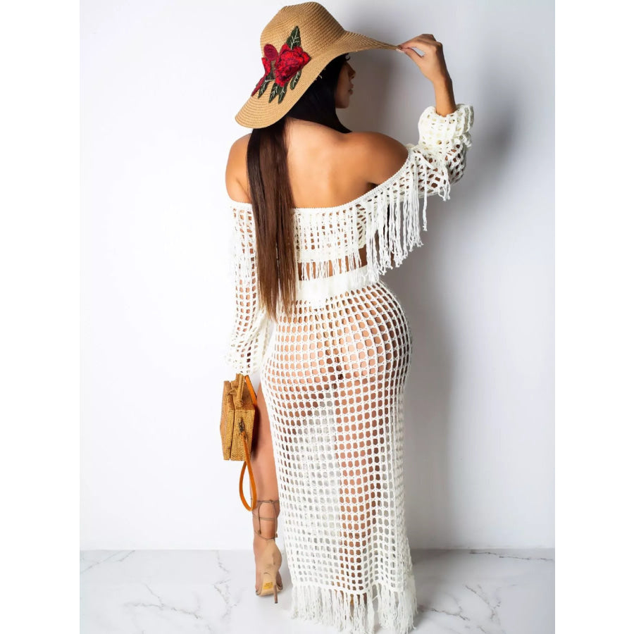 Full Size Crochet Off-Shoulder Fringe Top and Skirt Set Plus Size Apparel and Accessories