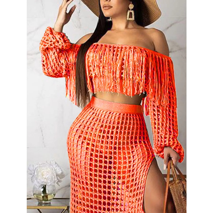 Full Size Crochet Off-Shoulder Fringe Top and Skirt Set Plus Size Apparel and Accessories