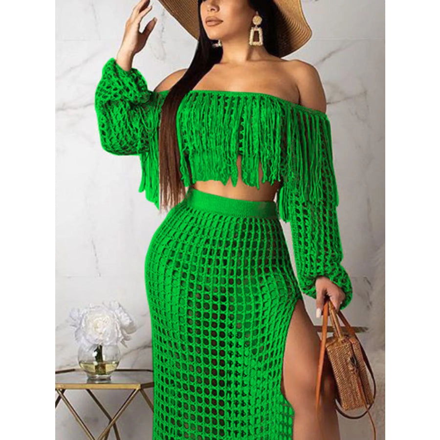 Full Size Crochet Off-Shoulder Fringe Top and Skirt Set Plus Size Apparel and Accessories