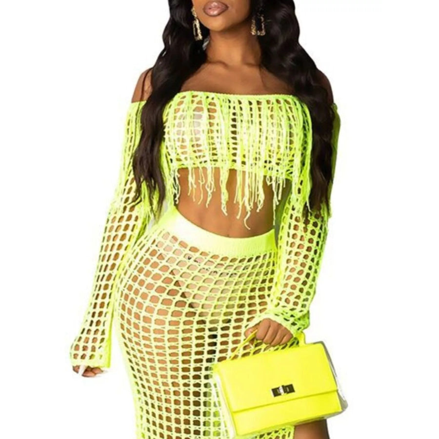 Full Size Crochet Off-Shoulder Fringe Top and Skirt Set Plus Size Apparel and Accessories