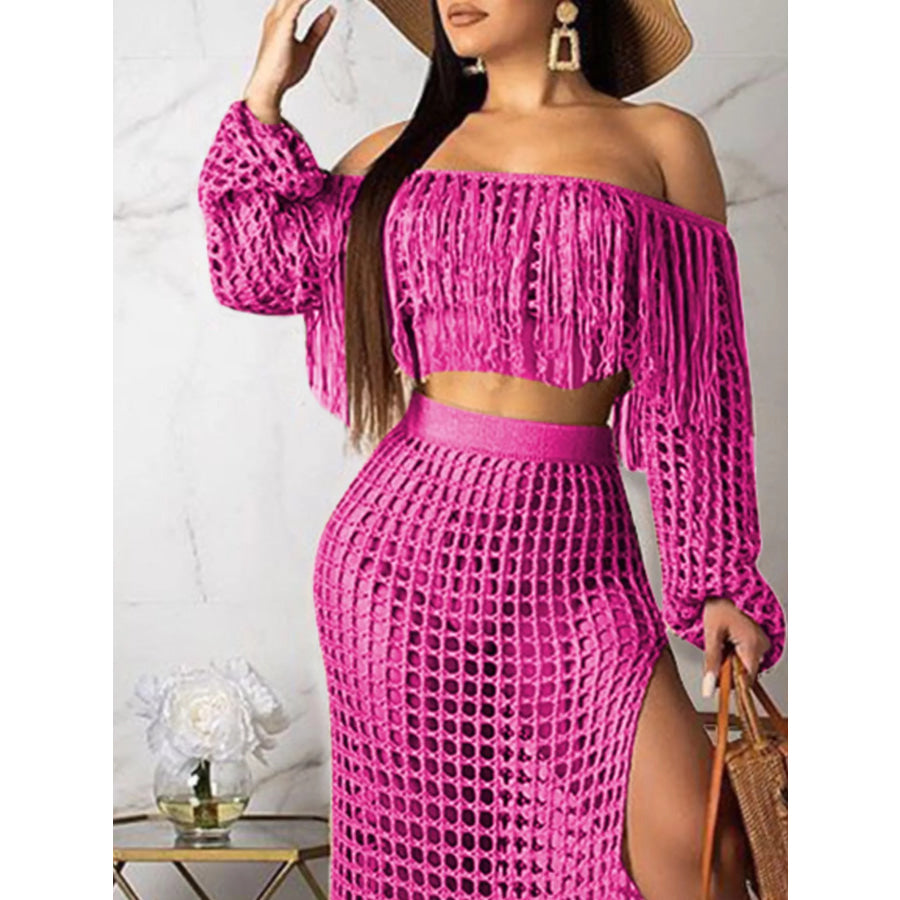 Full Size Crochet Off-Shoulder Fringe Top and Skirt Set Plus Size Apparel and Accessories
