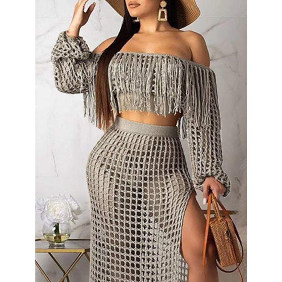 Full Size Crochet Off-Shoulder Fringe Top and Skirt Set Plus Size Apparel and Accessories