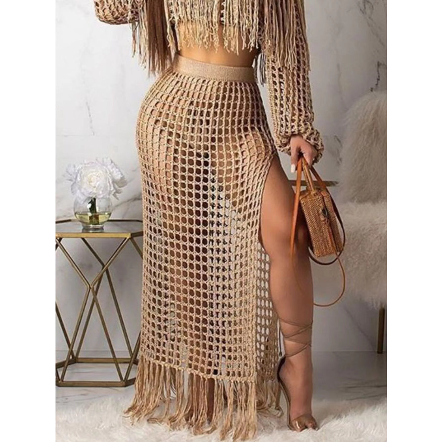 Full Size Crochet Off-Shoulder Fringe Top and Skirt Set Plus Size Apparel and Accessories