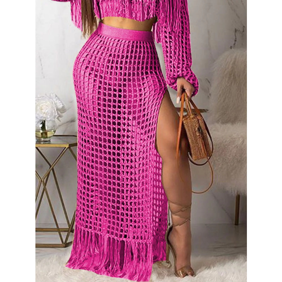 Full Size Crochet Off-Shoulder Fringe Top and Skirt Set Plus Size Apparel and Accessories