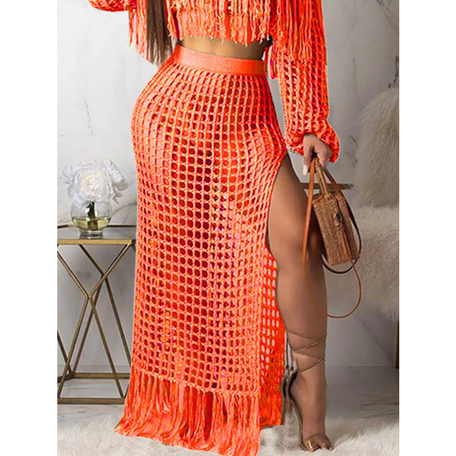 Full Size Crochet Off-Shoulder Fringe Top and Skirt Set Plus Size Apparel and Accessories