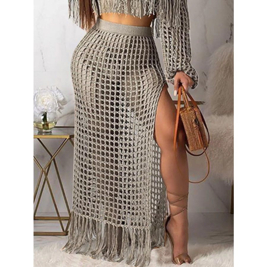 Full Size Crochet Off-Shoulder Fringe Top and Skirt Set Plus Size Apparel and Accessories