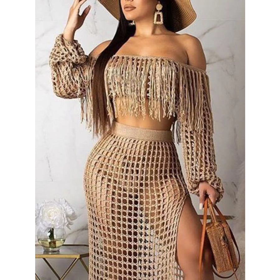 Full Size Crochet Off-Shoulder Fringe Top and Skirt Set Plus Size Apparel and Accessories