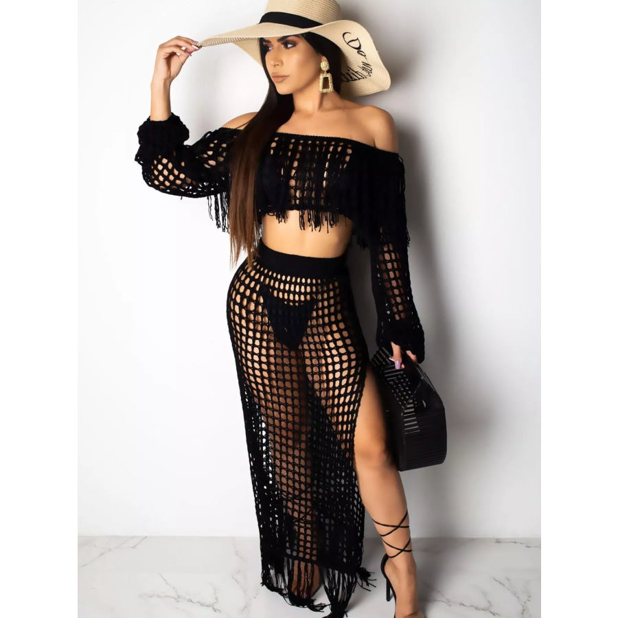 Full Size Crochet Off-Shoulder Fringe Top and Skirt Set Plus Size Black / S Apparel and Accessories