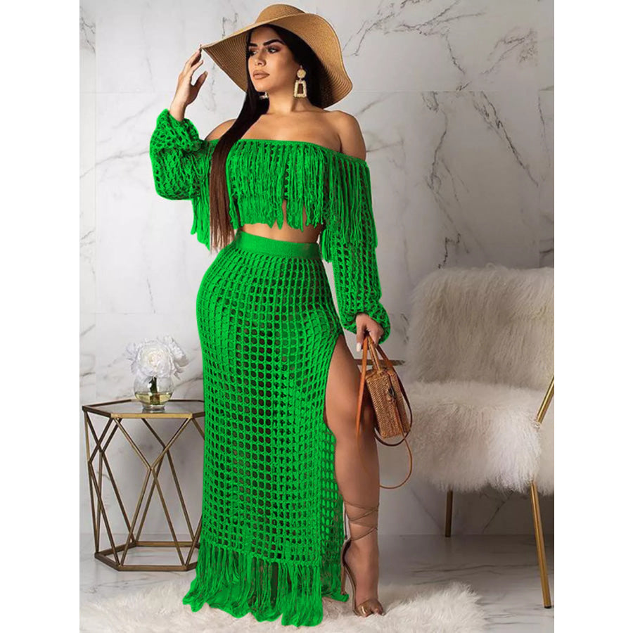 Full Size Crochet Off-Shoulder Fringe Top and Skirt Set Plus Size Green / S Apparel and Accessories
