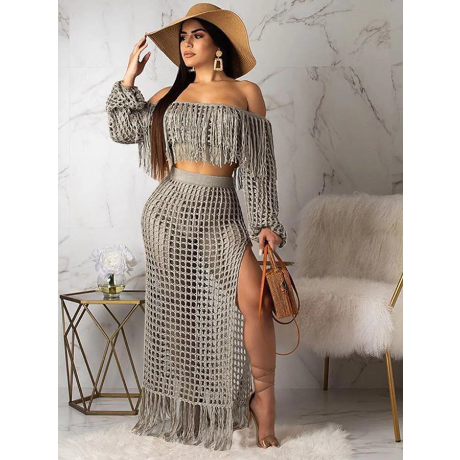 Full Size Crochet Off-Shoulder Fringe Top and Skirt Set Plus Size Grey / S Apparel and Accessories