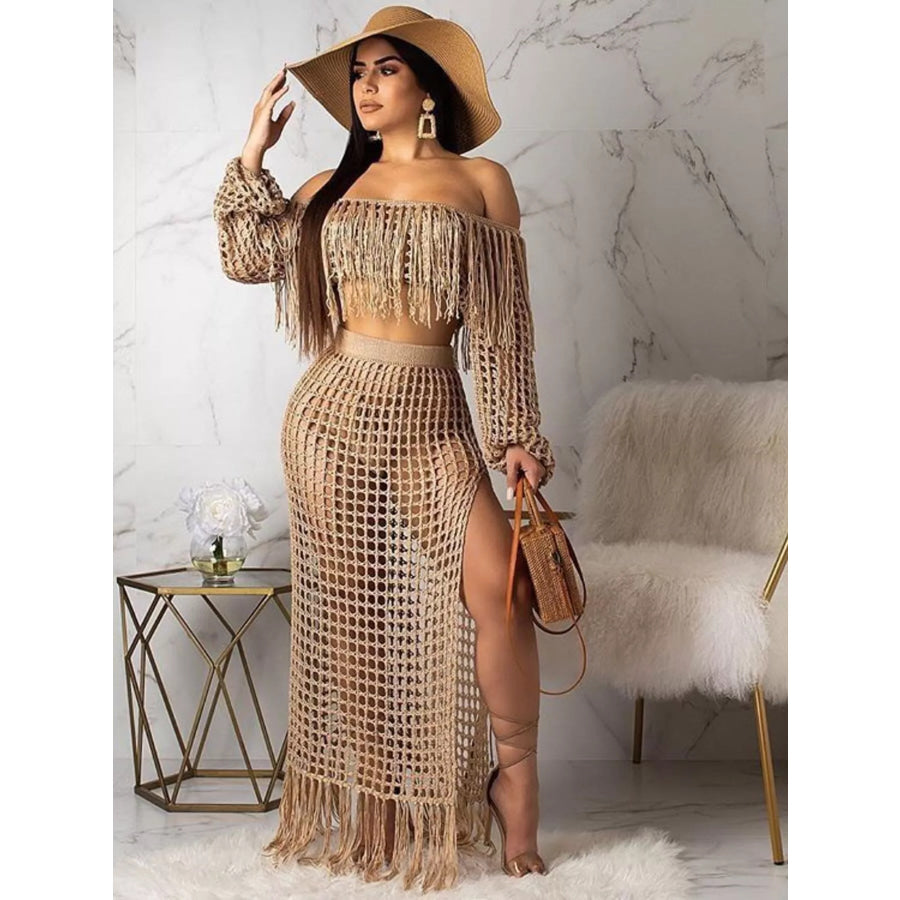 Full Size Crochet Off-Shoulder Fringe Top and Skirt Set Plus Size Khaki / S Apparel and Accessories