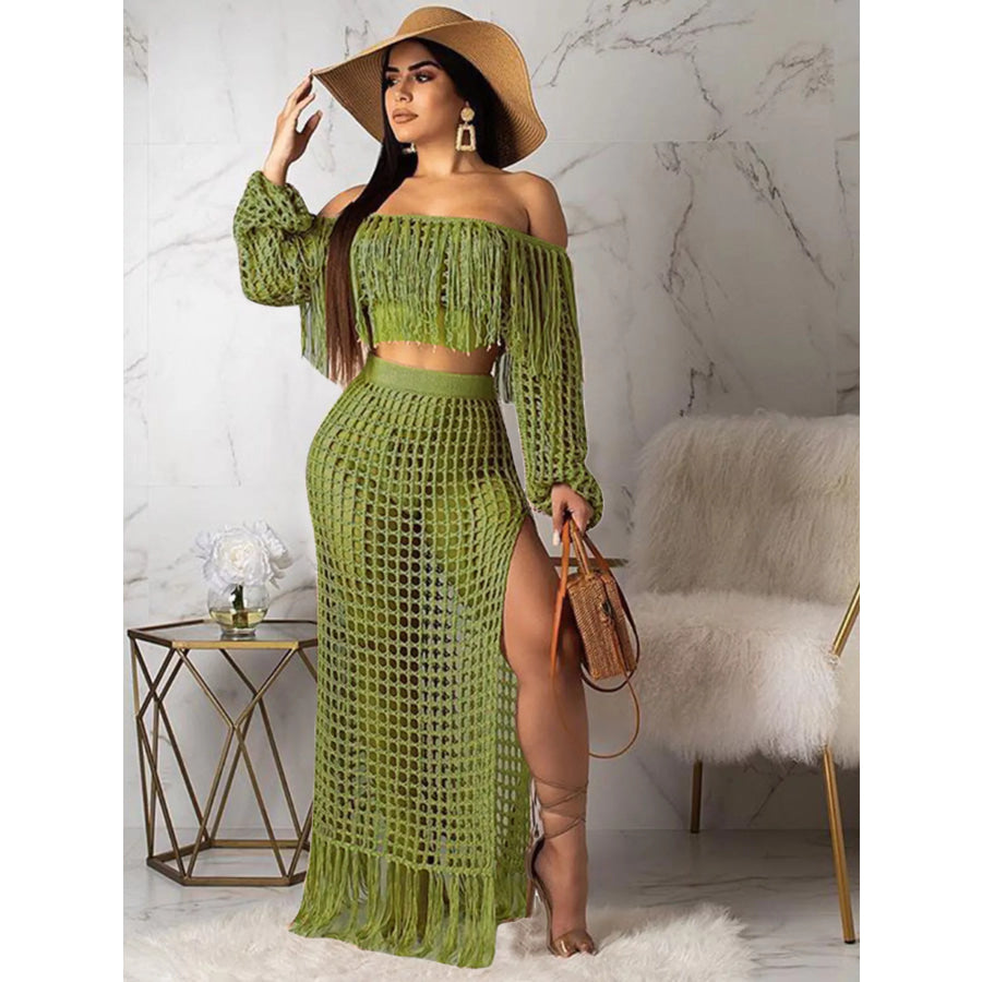 Full Size Crochet Off-Shoulder Fringe Top and Skirt Set Plus Size Light Army Green / S Apparel and Accessories