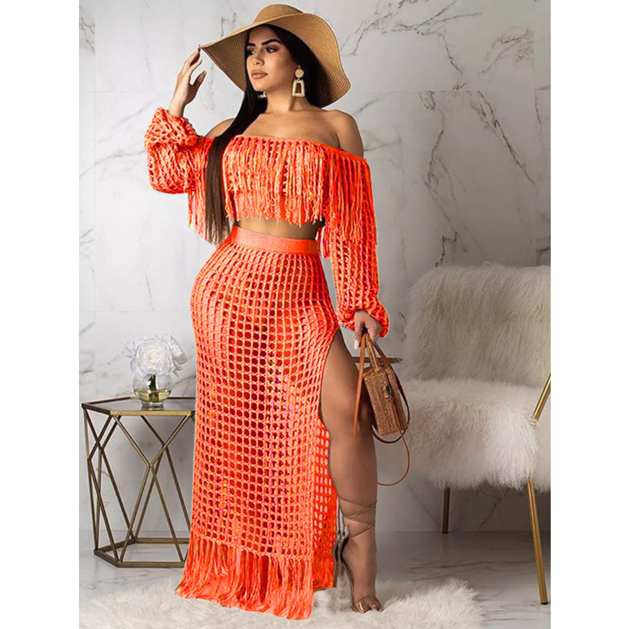 Full Size Crochet Off-Shoulder Fringe Top and Skirt Set Plus Size Orange / S Apparel and Accessories
