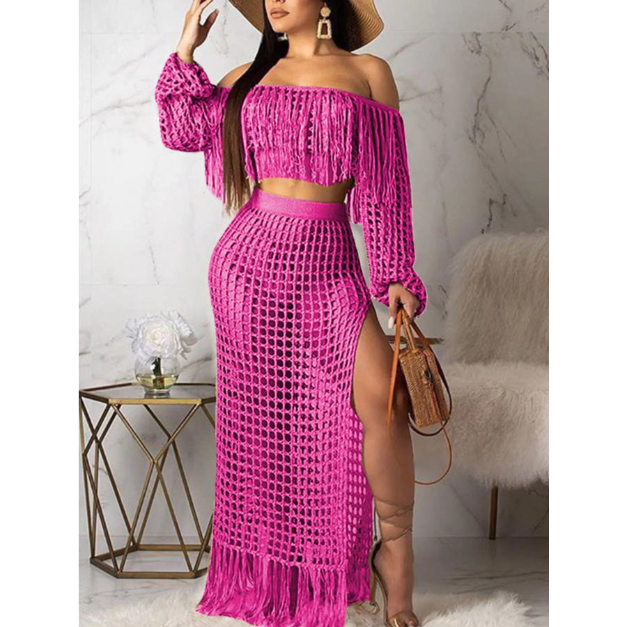 Full Size Crochet Off-Shoulder Fringe Top and Skirt Set Plus Size Pink / S Apparel and Accessories