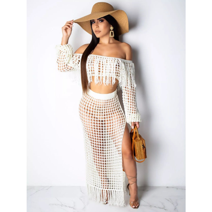 Full Size Crochet Off-Shoulder Fringe Top and Skirt Set Plus Size White / S Apparel and Accessories