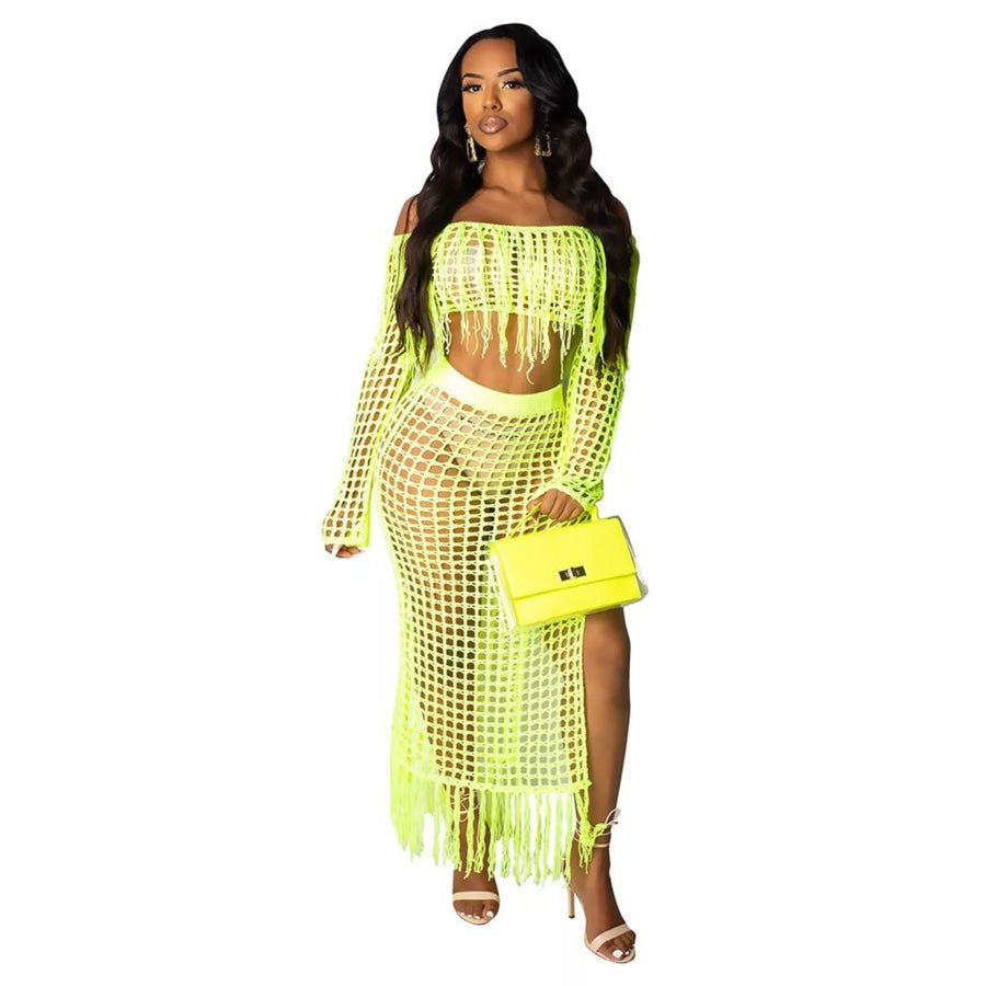 Full Size Crochet Off-Shoulder Fringe Top and Skirt Set Plus Size Yellow Green / S Apparel and Accessories