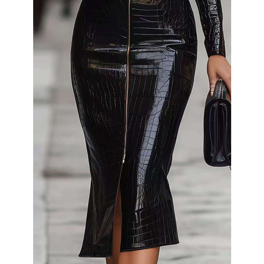Full Size Crocodile Embossed Zipper Front Bodycon Midi Dress Plus Size Apparel and Accessories