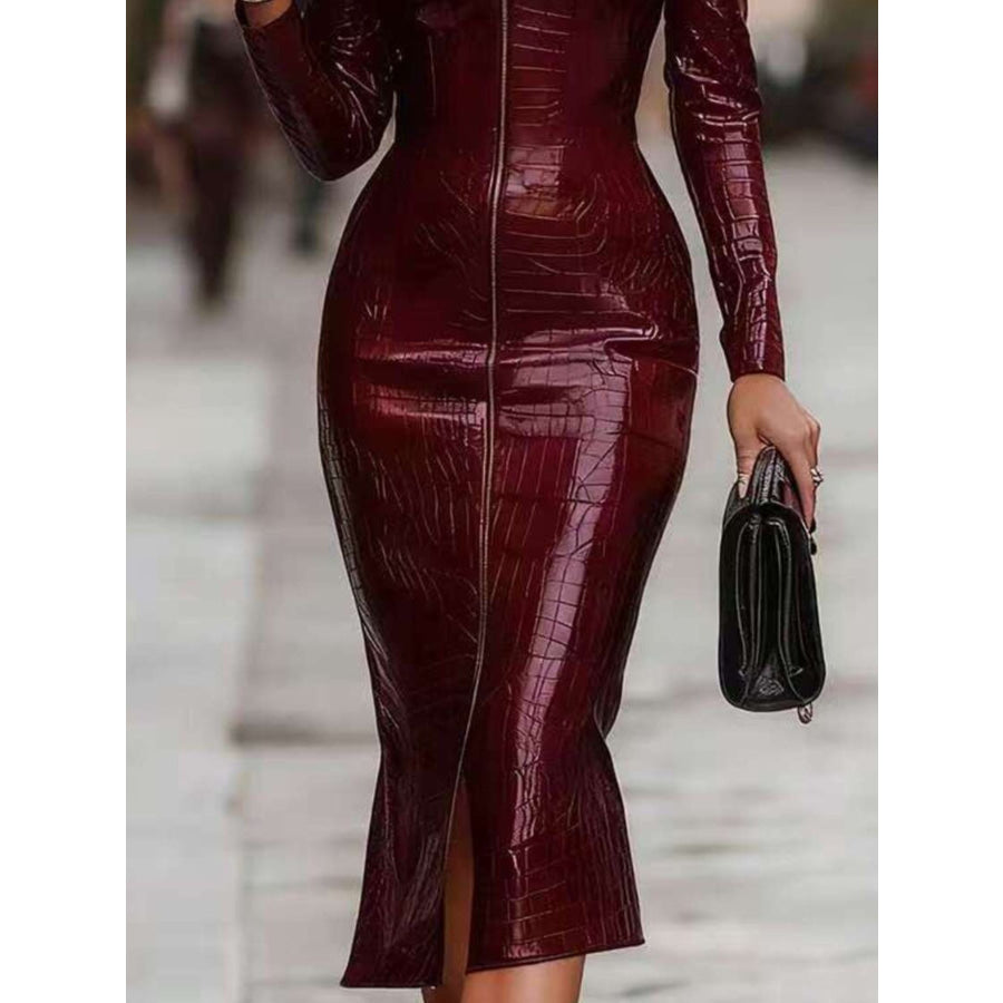 Full Size Crocodile Embossed Zipper Front Bodycon Midi Dress Plus Size Apparel and Accessories