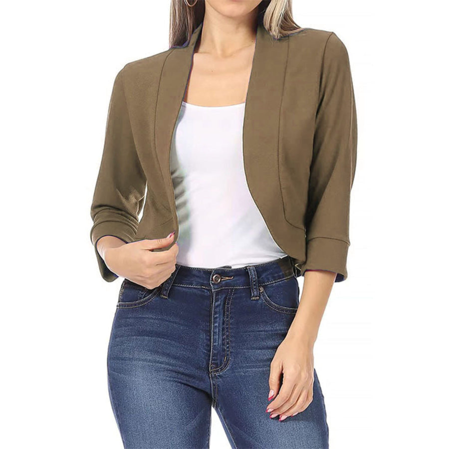 Full Size Cropped Open Front Blazer Plus Size Camel / S Apparel and Accessories