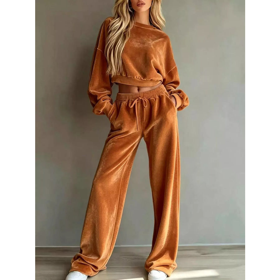 Full Size Cropped Sweatshirt and Wide-Leg Pants Set Plus Apparel Accessories