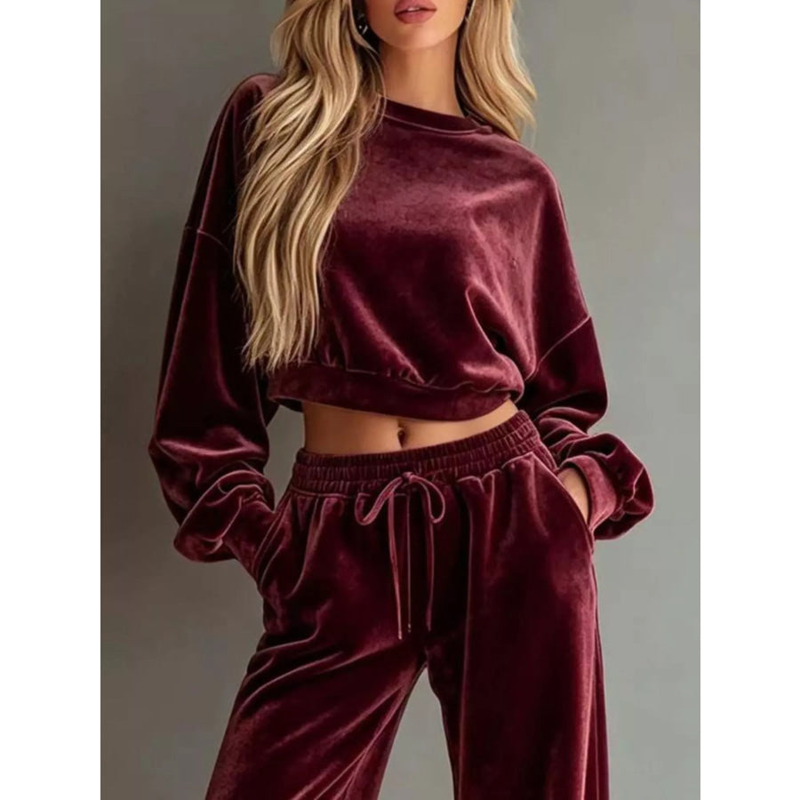 Full Size Cropped Sweatshirt and Wide-Leg Pants Set Plus Apparel Accessories