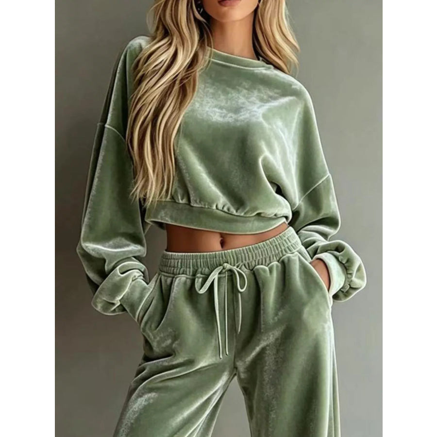 Full Size Cropped Sweatshirt and Wide-Leg Pants Set Plus Apparel Accessories