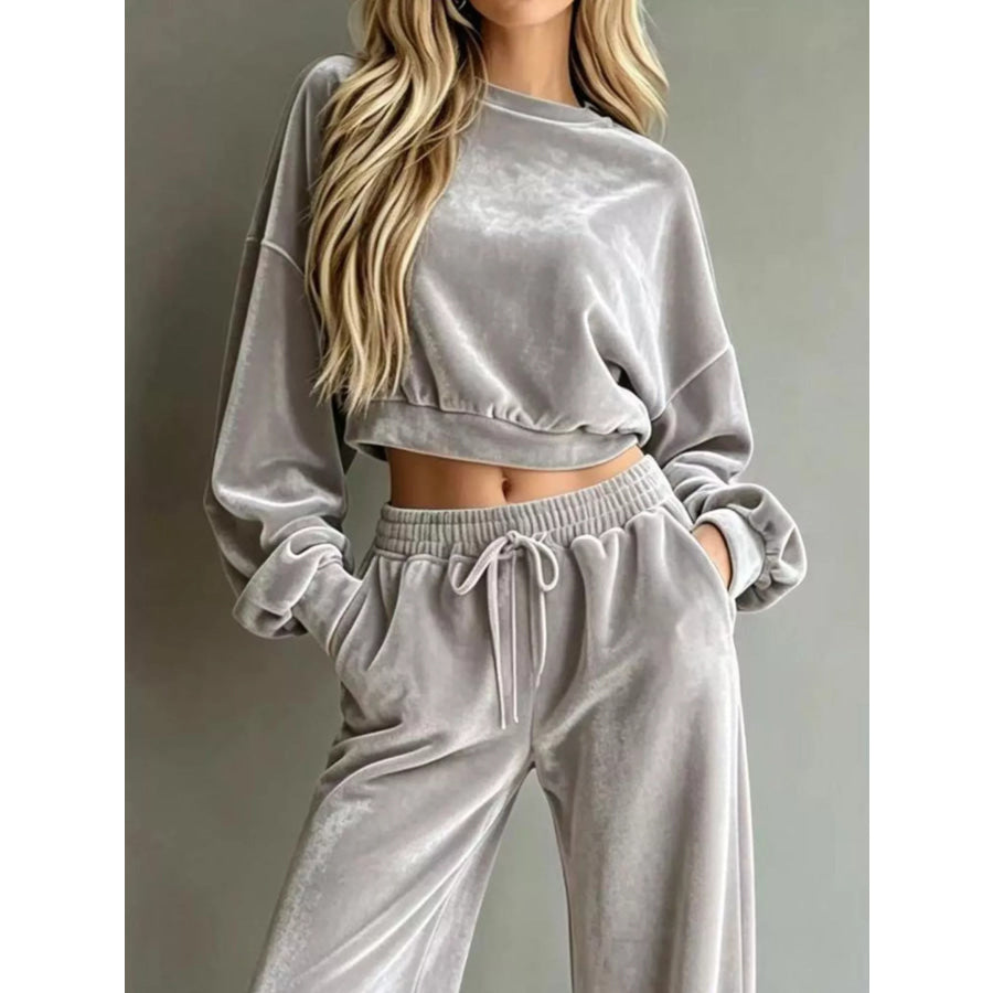 Full Size Cropped Sweatshirt and Wide-Leg Pants Set Plus Apparel Accessories