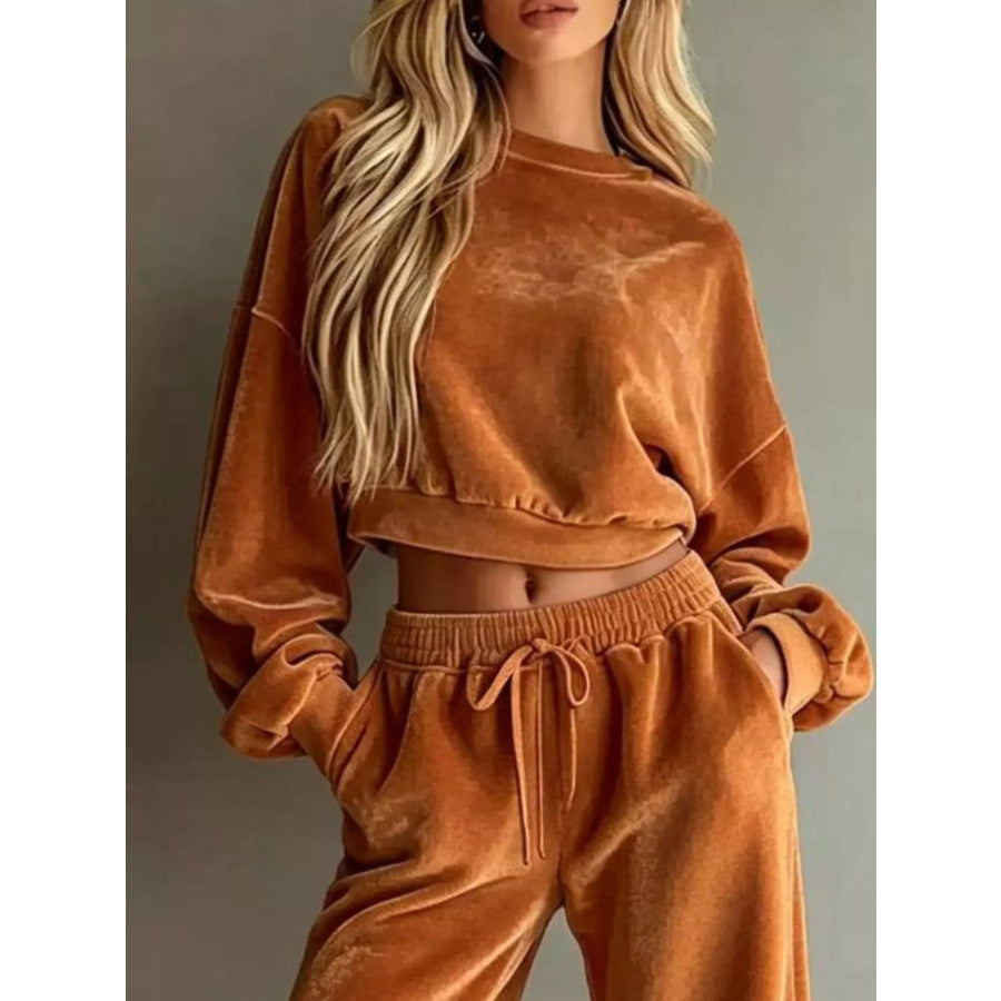Full Size Cropped Sweatshirt and Wide-Leg Pants Set Plus Apparel Accessories