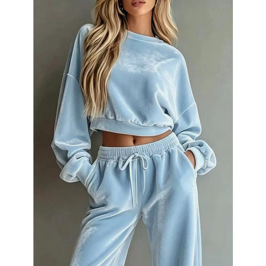 Full Size Cropped Sweatshirt and Wide-Leg Pants Set Plus Apparel Accessories