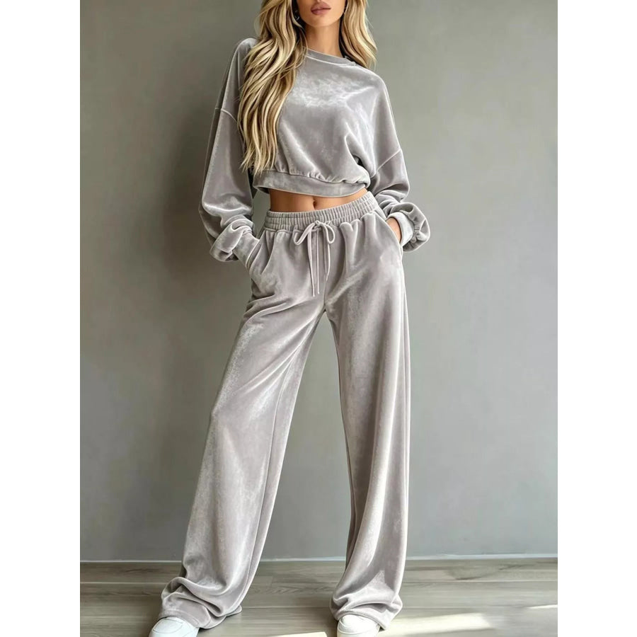 Full Size Cropped Sweatshirt and Wide-Leg Pants Set Plus Apparel Accessories