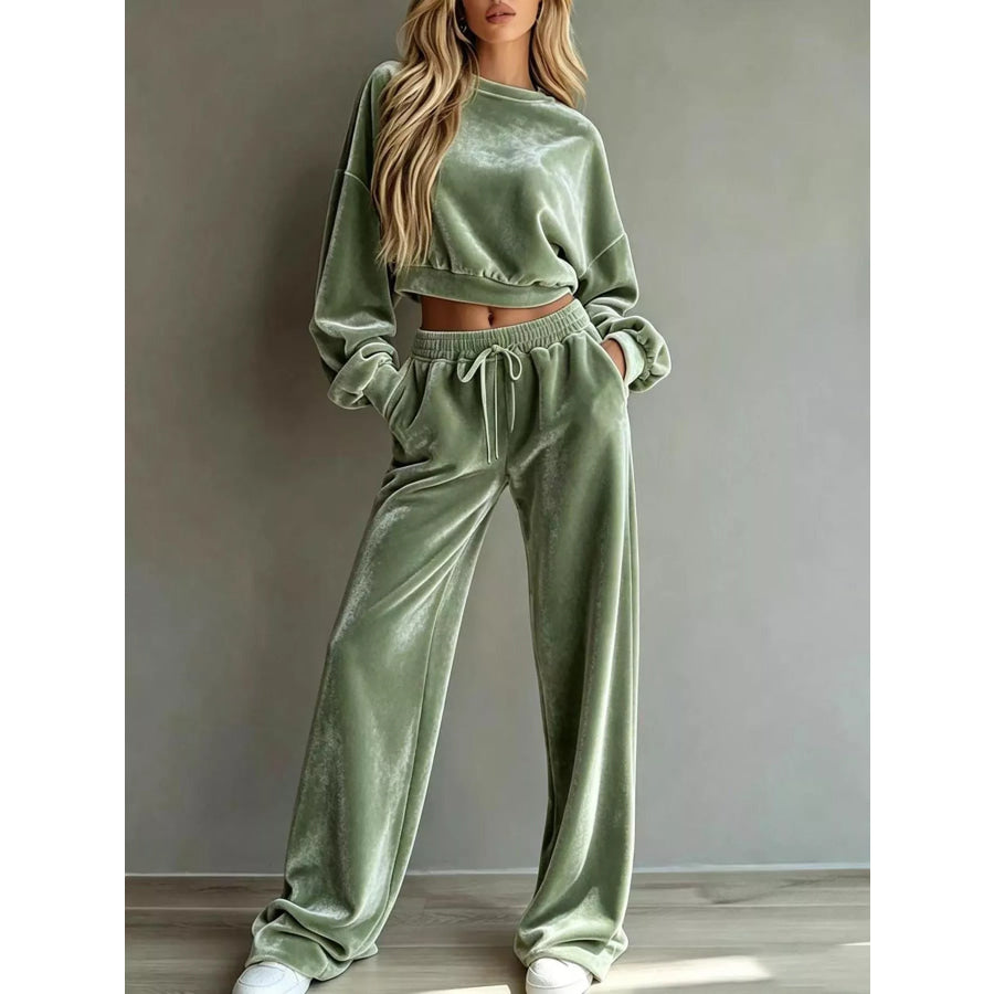 Full Size Cropped Sweatshirt and Wide-Leg Pants Set Plus Apparel Accessories