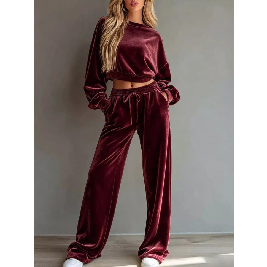 Full Size Cropped Sweatshirt and Wide-Leg Pants Set Plus Burgundy / S Apparel Accessories