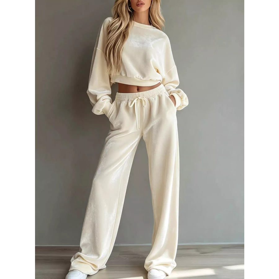Full Size Cropped Sweatshirt and Wide-Leg Pants Set Plus Cream / S Apparel Accessories