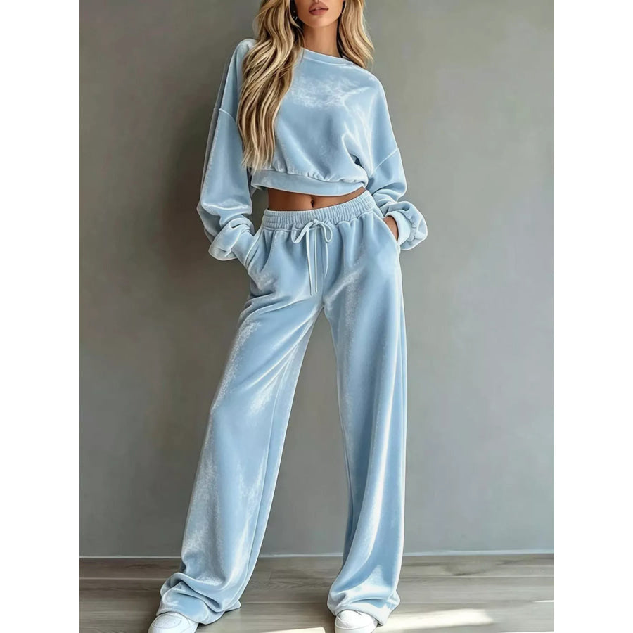 Full Size Cropped Sweatshirt and Wide-Leg Pants Set Plus Light Blue / S Apparel Accessories