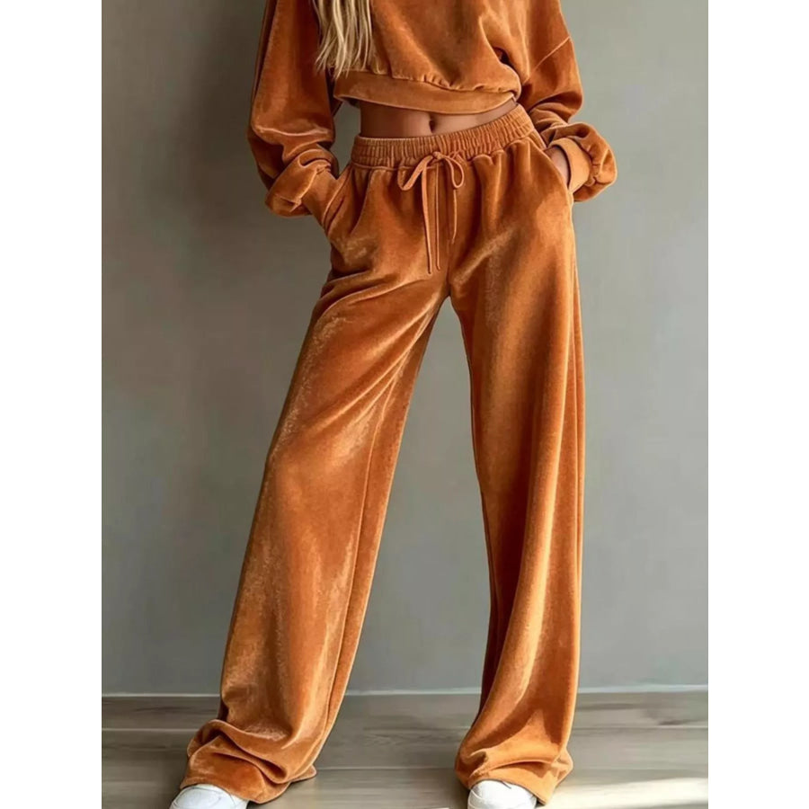 Full Size Cropped Sweatshirt and Wide-Leg Pants Set Plus Ochre / S Apparel Accessories