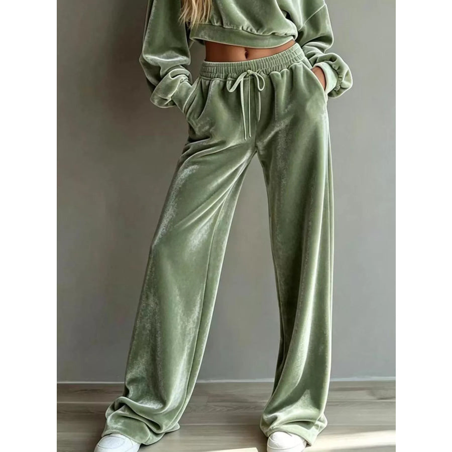 Full Size Cropped Sweatshirt and Wide-Leg Pants Set Plus Sage / S Apparel Accessories