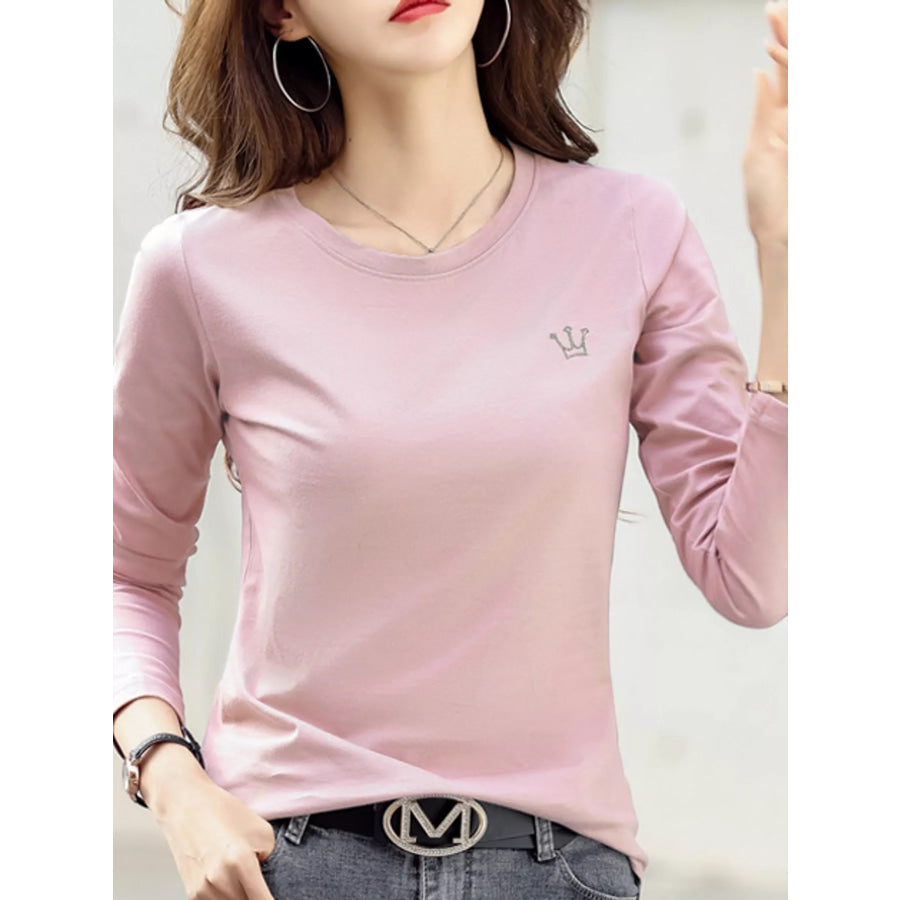 Full Size Crown Long Sleeve T-Shirt Plus Pink / S Apparel and Accessories