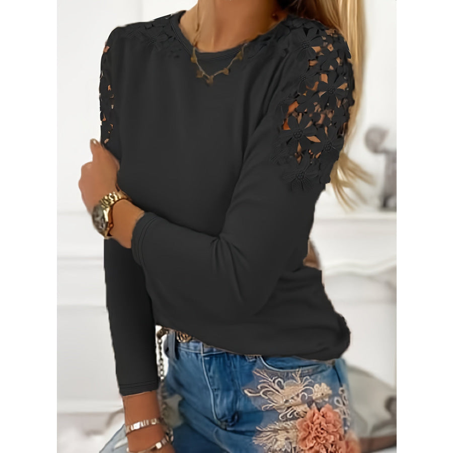 Full Size Cutout Round Neck Long Sleeve T-Shirt Black / S Apparel and Accessories