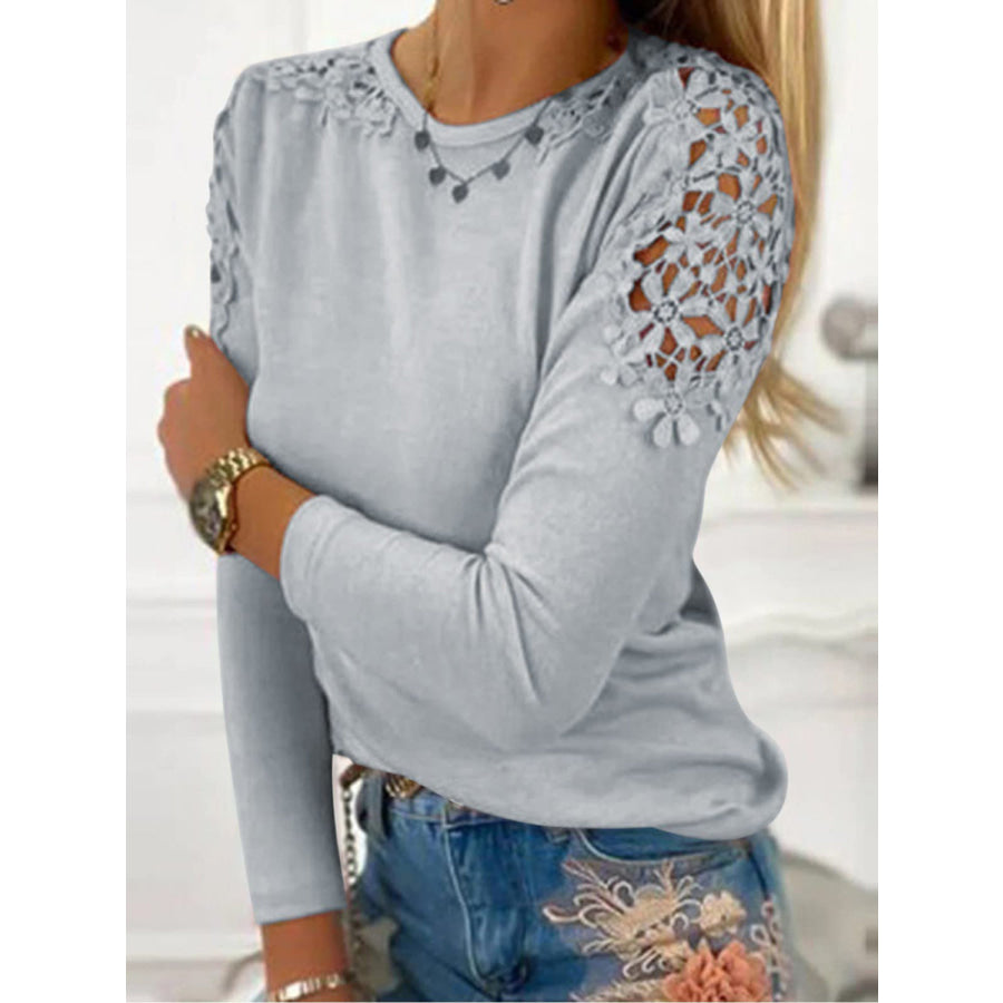 Full Size Cutout Round Neck Long Sleeve T-Shirt Light Gray / S Apparel and Accessories