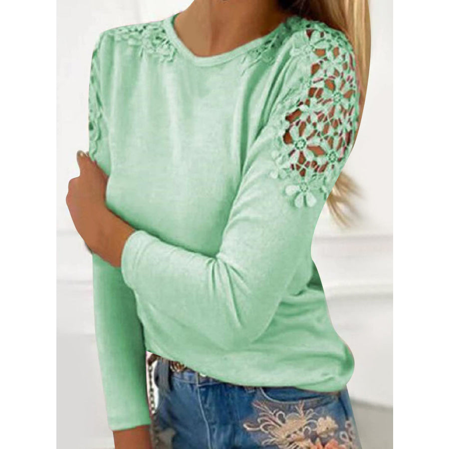 Full Size Cutout Round Neck Long Sleeve T-Shirt Light Green / S Apparel and Accessories