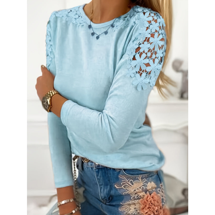 Full Size Cutout Round Neck Long Sleeve T-Shirt Pastel Blue / S Apparel and Accessories