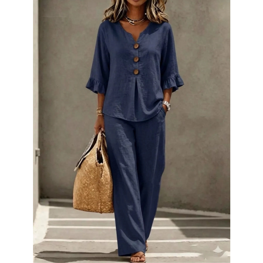 Full Size Decor Button Ruffled Top and Wide-Leg Pants Set Plus Size White / S Apparel and Accessories