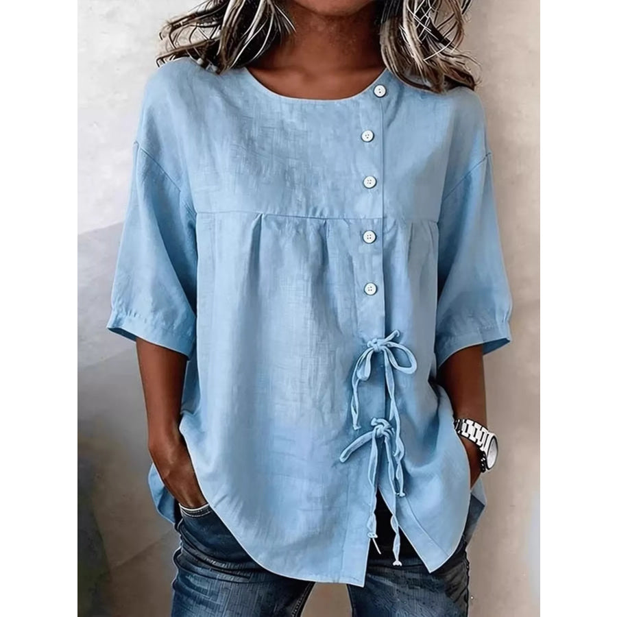 Full Size Decorative Button Tie-Front Blouse Plus Light Blue / S Apparel and Accessories