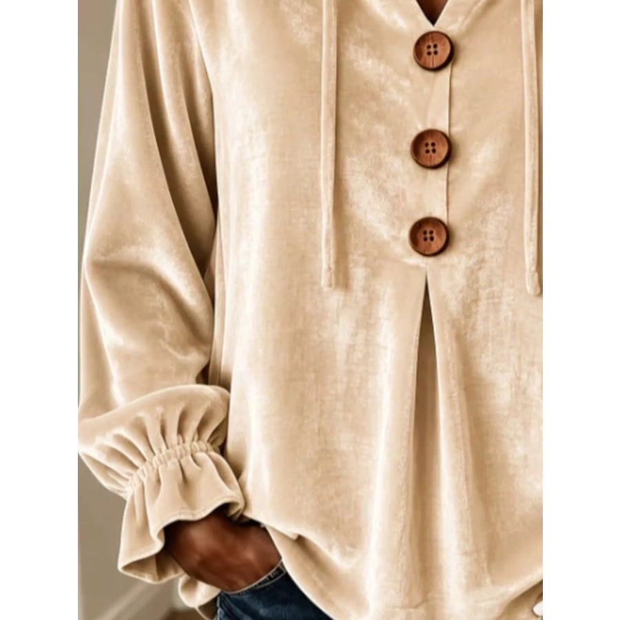 Full Size Decorative Buttons Velvet Hoodie Plus Size Apparel and Accessories