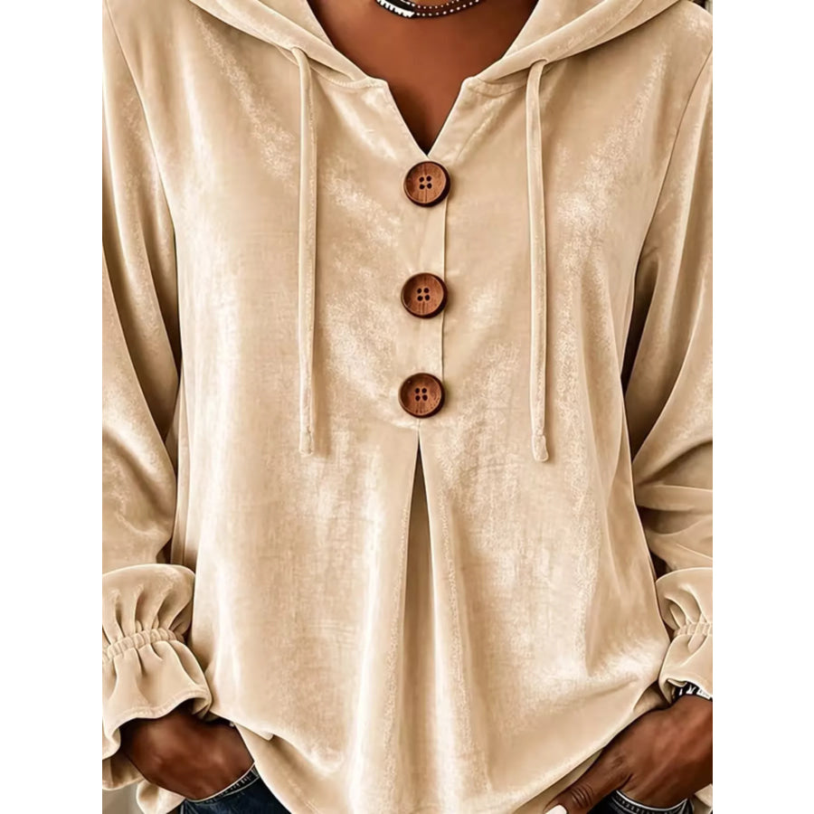 Full Size Decorative Buttons Velvet Hoodie Plus Size Beige / S Apparel and Accessories