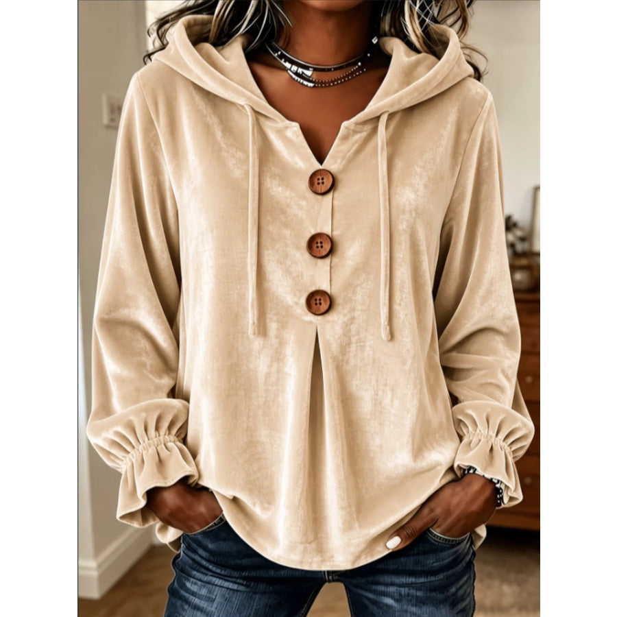 Full Size Decorative Buttons Velvet Hoodie Plus Size Beige / S Apparel and Accessories