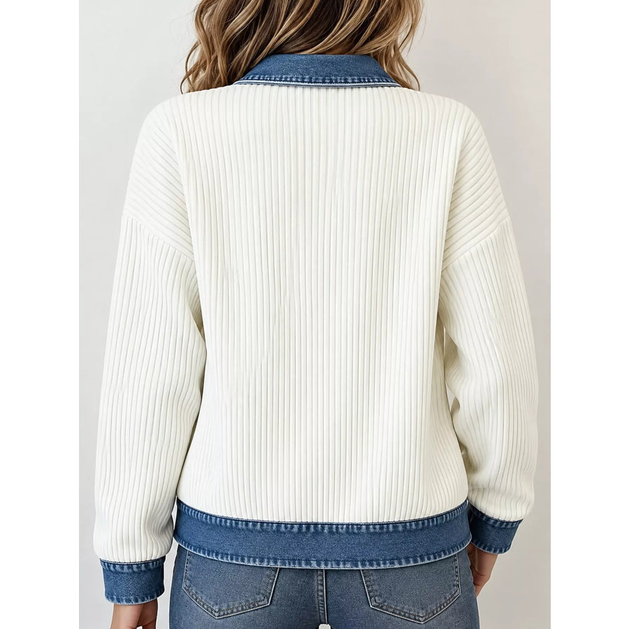 Full Size Denim-Collar Ribbed Knit Zip-Up Jacket Plus Apparel and Accessories