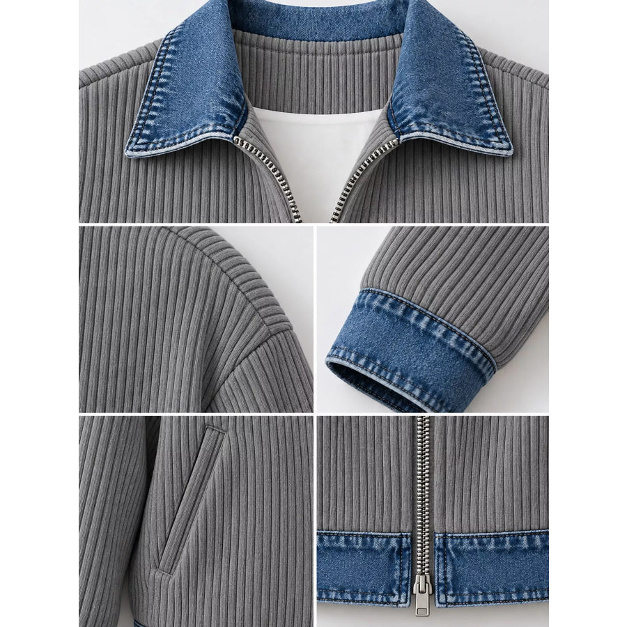 Full Size Denim-Collar Ribbed Knit Zip-Up Jacket Plus Apparel and Accessories